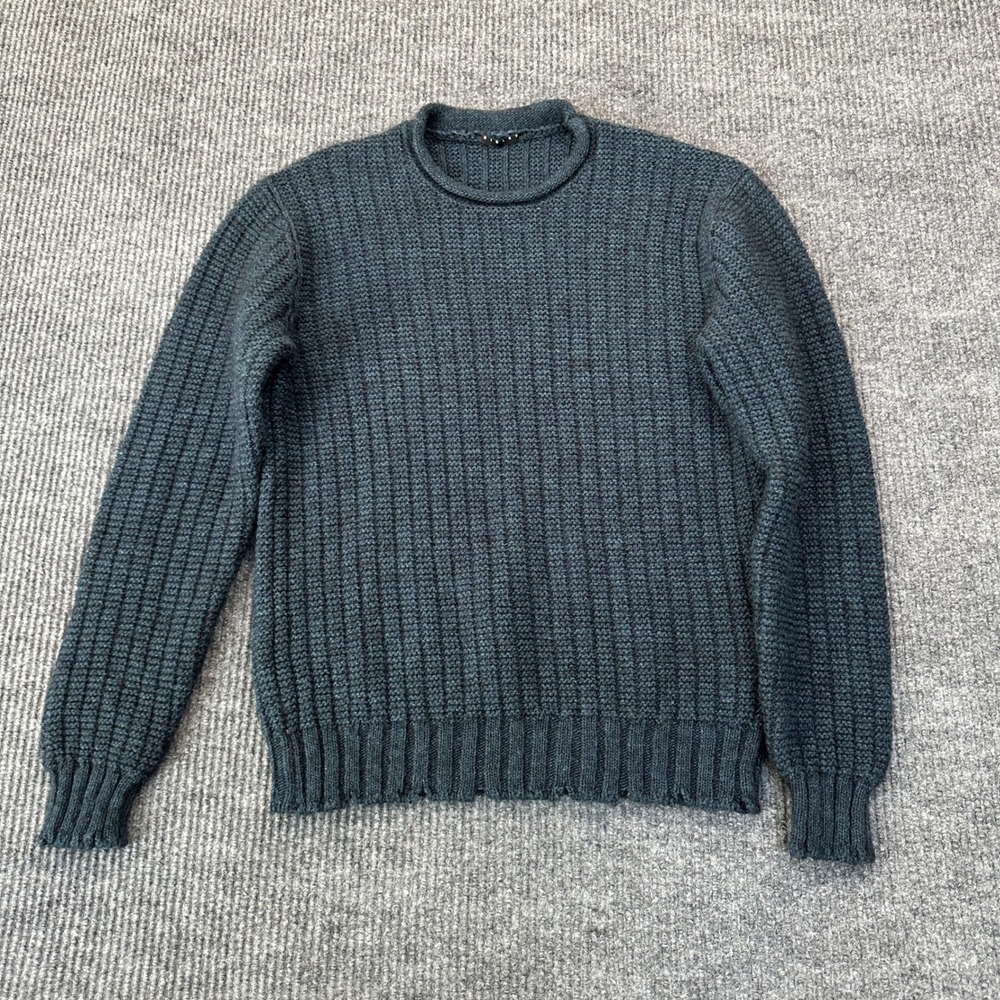 Sisley Mens Ribbed Knit Crewneck Sweater Size M Dark Teal Wool Alpaca Blend